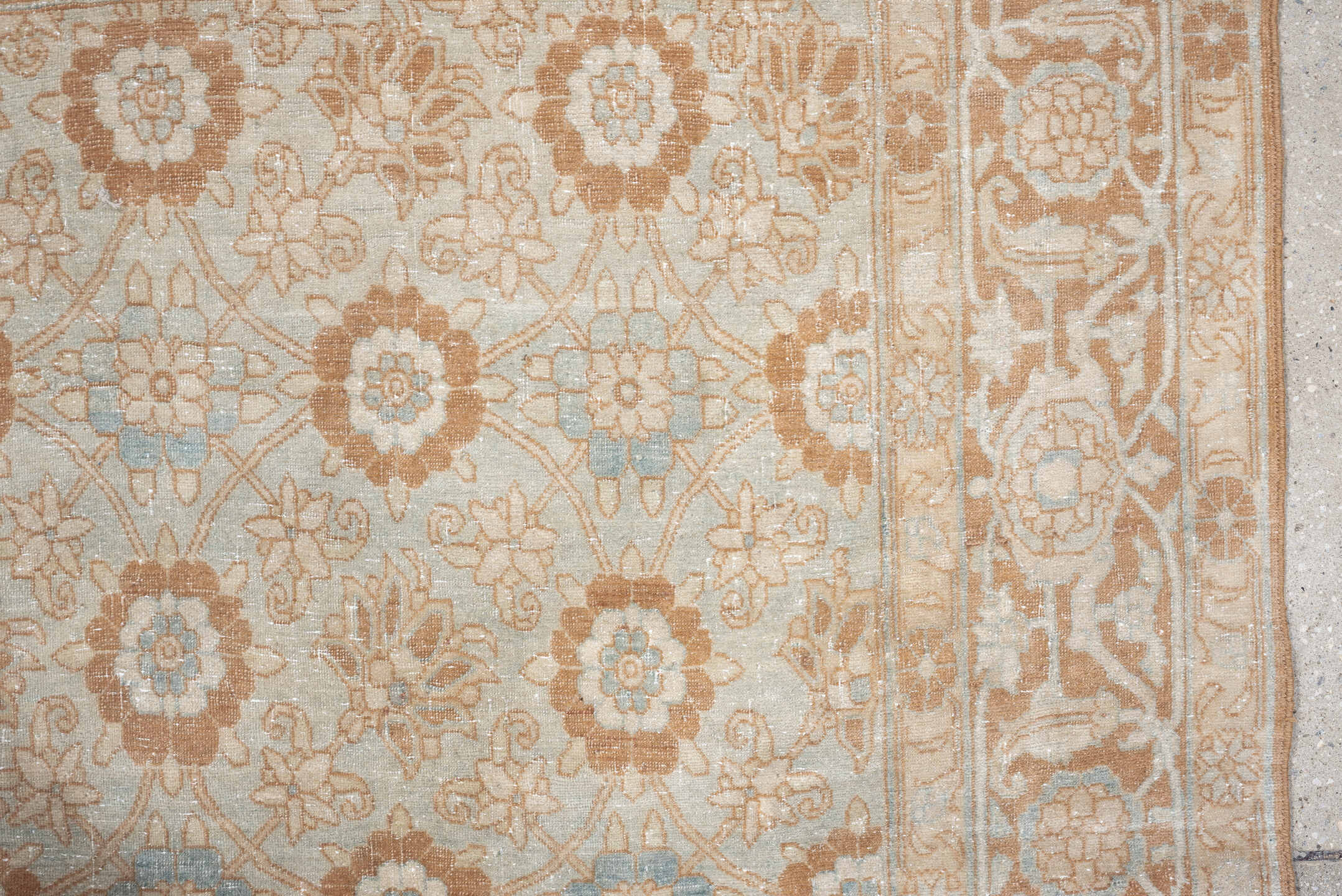 5' x 7' one-of-a-kind handmade antique Tabriz rug. Color palette: ivory, blush, pale blue, peach, beige, taupe, pink