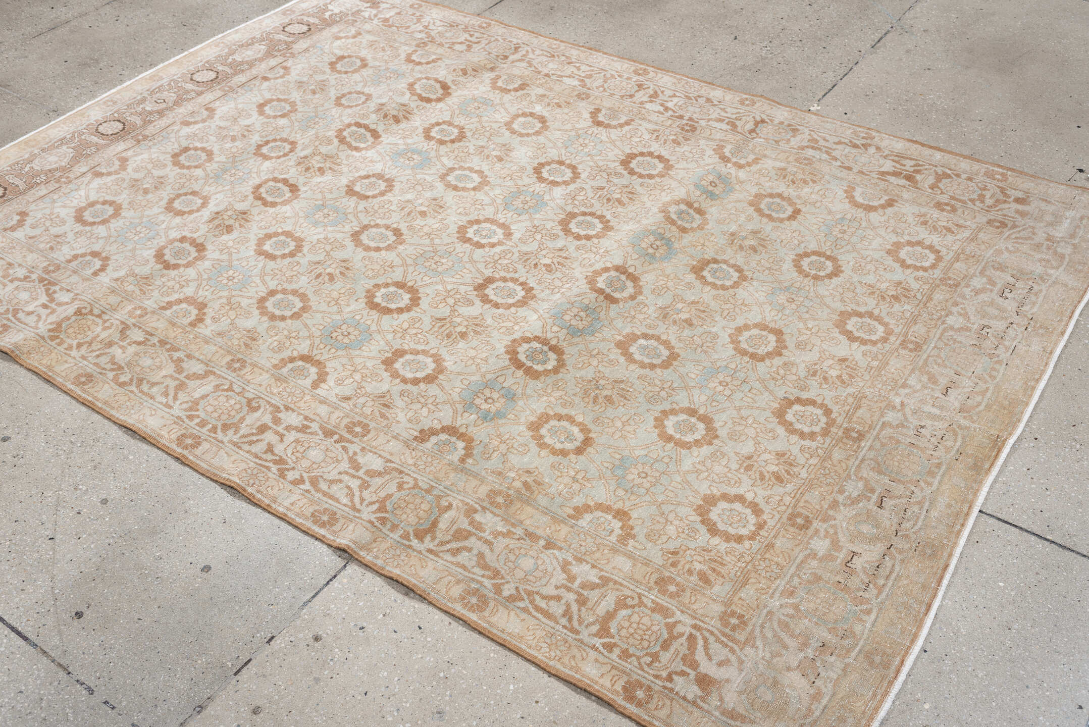 5' x 7' one-of-a-kind handmade antique Tabriz rug. Color palette: ivory, blush, pale blue, peach, beige, taupe, pink