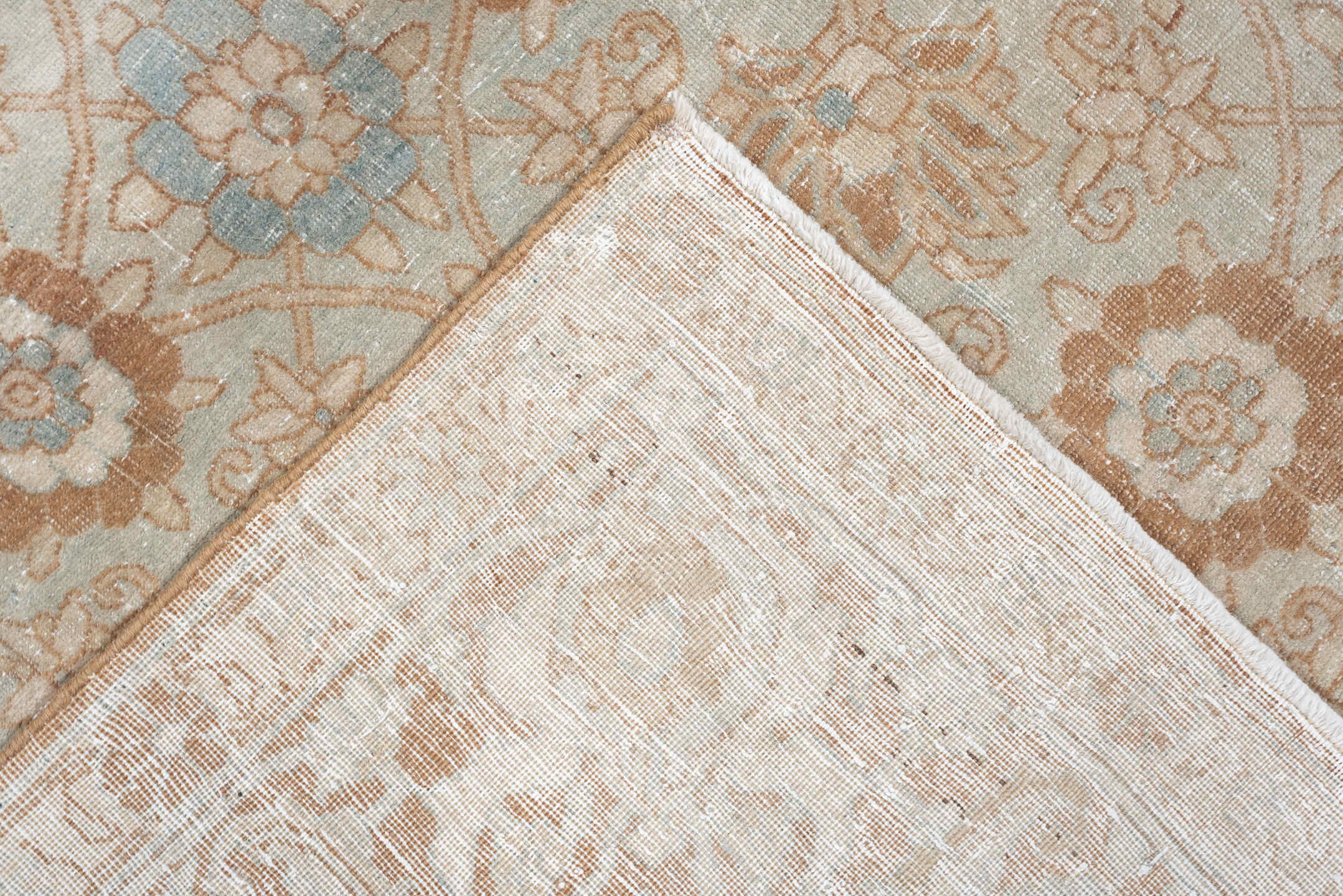 5' x 7' one-of-a-kind handmade antique Tabriz rug. Color palette: ivory, blush, pale blue, peach, beige, taupe, pink