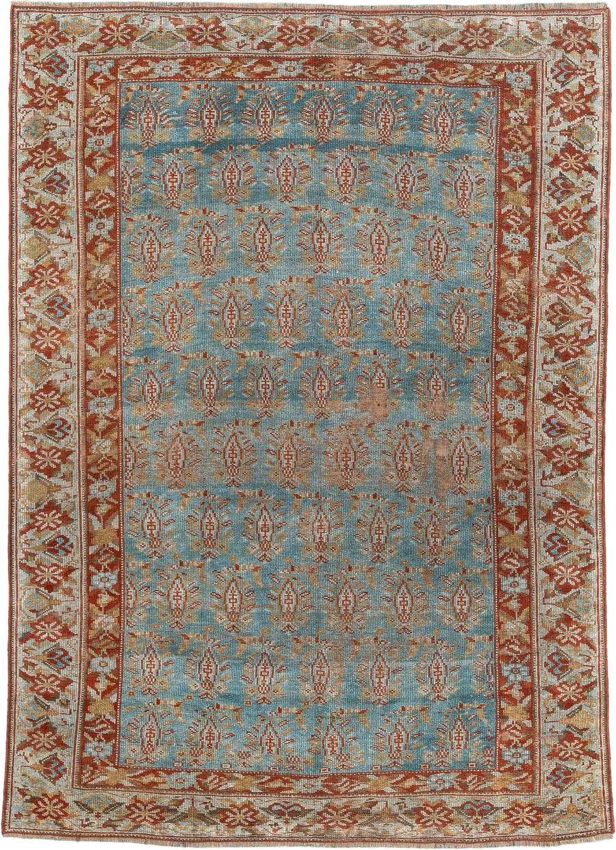 3' x 4' one-of-a-kind handmade antique Afshar small size rug. Color palette: light blue, ivory, rust, camel, gold, taupe