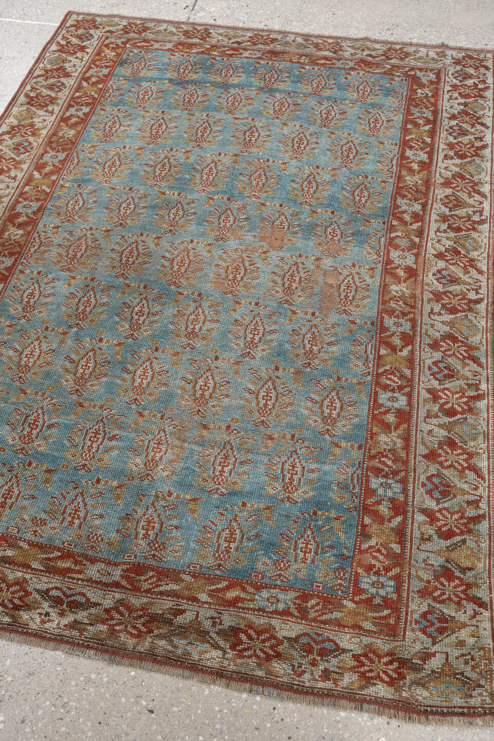 3' x 4' one-of-a-kind handmade antique Afshar small size rug. Color palette: light blue, ivory, rust, camel, gold, taupe