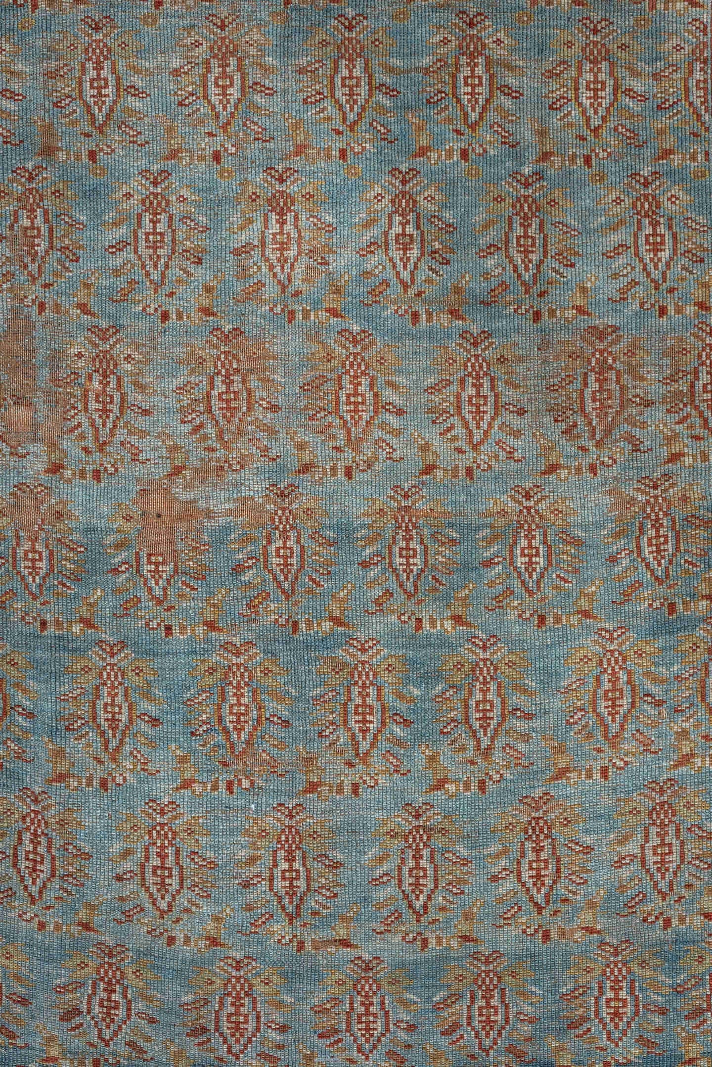 3' x 4' one-of-a-kind handmade antique Afshar small size rug. Color palette: light blue, ivory, rust, camel, gold, taupe