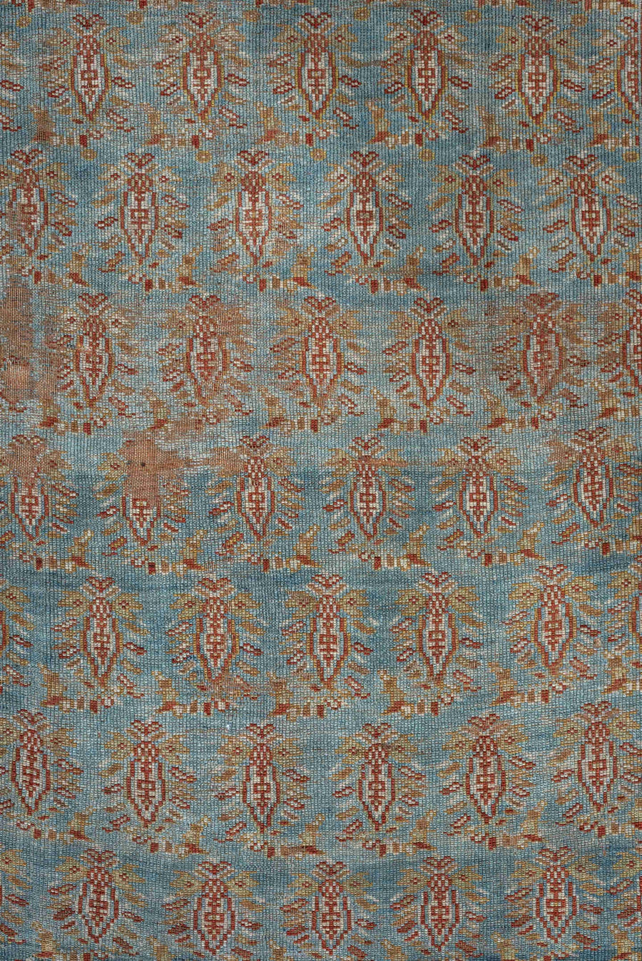 3' x 4' one-of-a-kind handmade antique Afshar small size rug. Color palette: light blue, ivory, rust, camel, gold, taupe