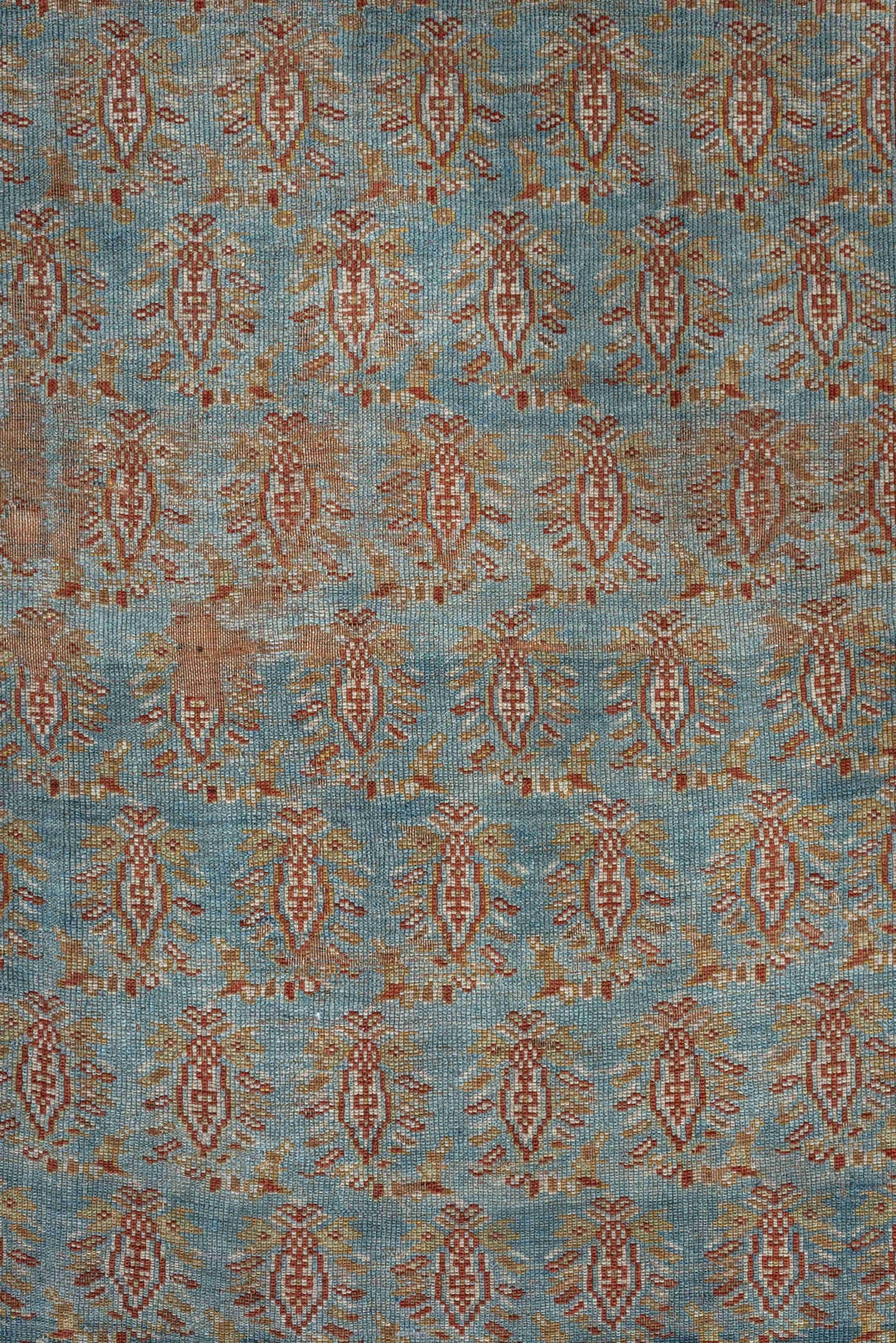 3' x 4' one-of-a-kind handmade antique Afshar small size rug. Color palette: light blue, ivory, rust, camel, gold, taupe