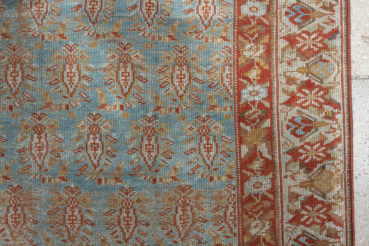 3' x 4' one-of-a-kind handmade antique Afshar small size rug. Color palette: light blue, ivory, rust, camel, gold, taupe