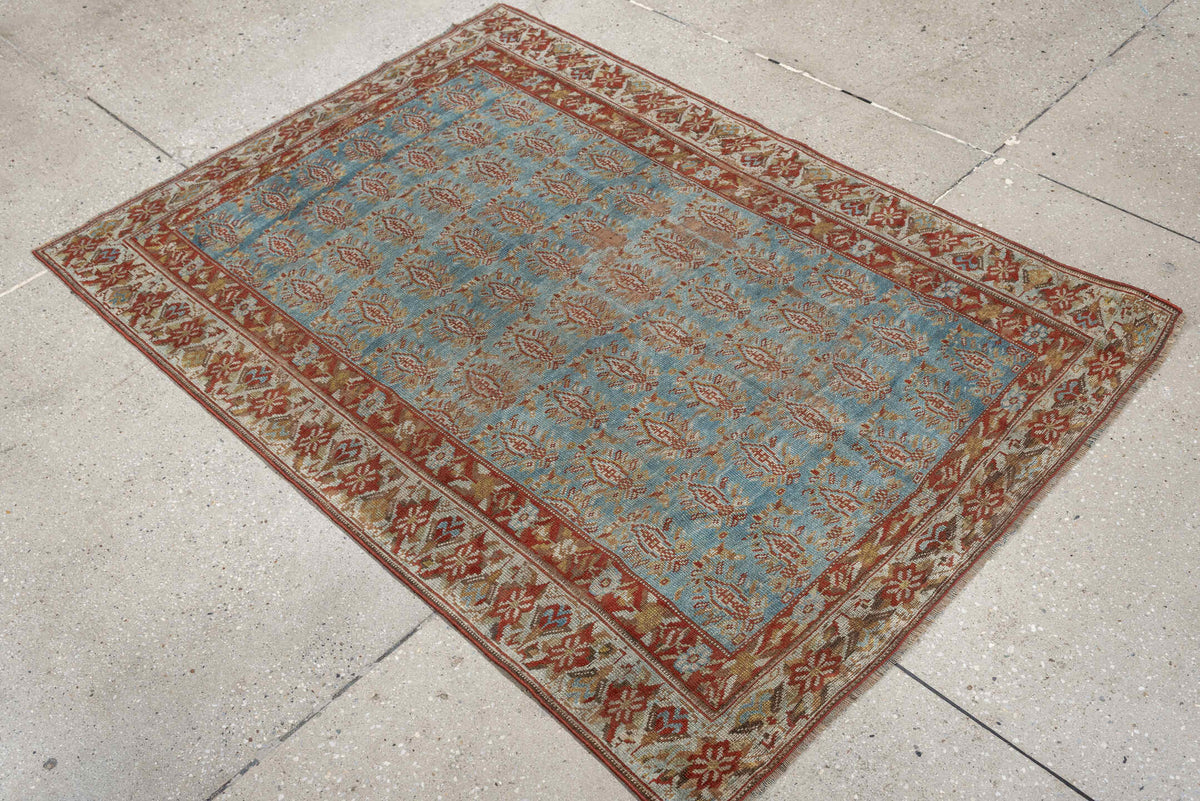 3' x 4' one-of-a-kind handmade antique Afshar small size rug. Color palette: light blue, ivory, rust, camel, gold, taupe