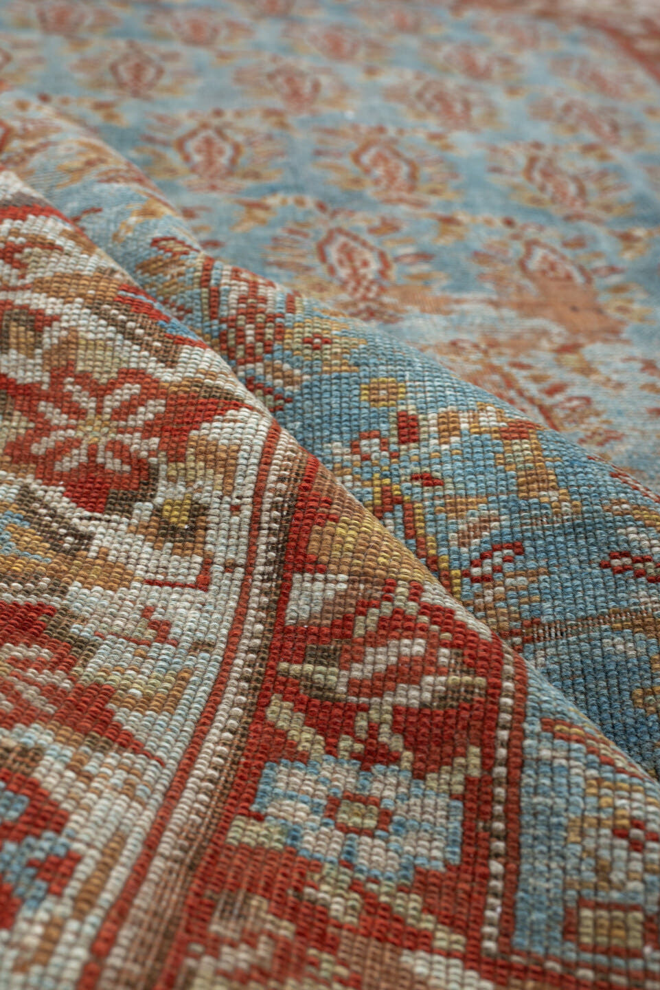 3' x 4' one-of-a-kind handmade antique Afshar small size rug. Color palette: light blue, ivory, rust, camel, gold, taupe