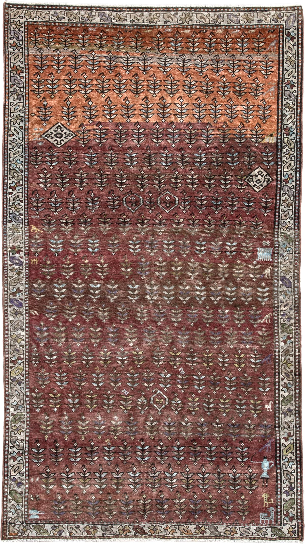 3' x 7' one-of-a-kind handmade antique NW Persian rug. Color palette: rose, terracotta, ivory, burgundy, taupe, olive, sage