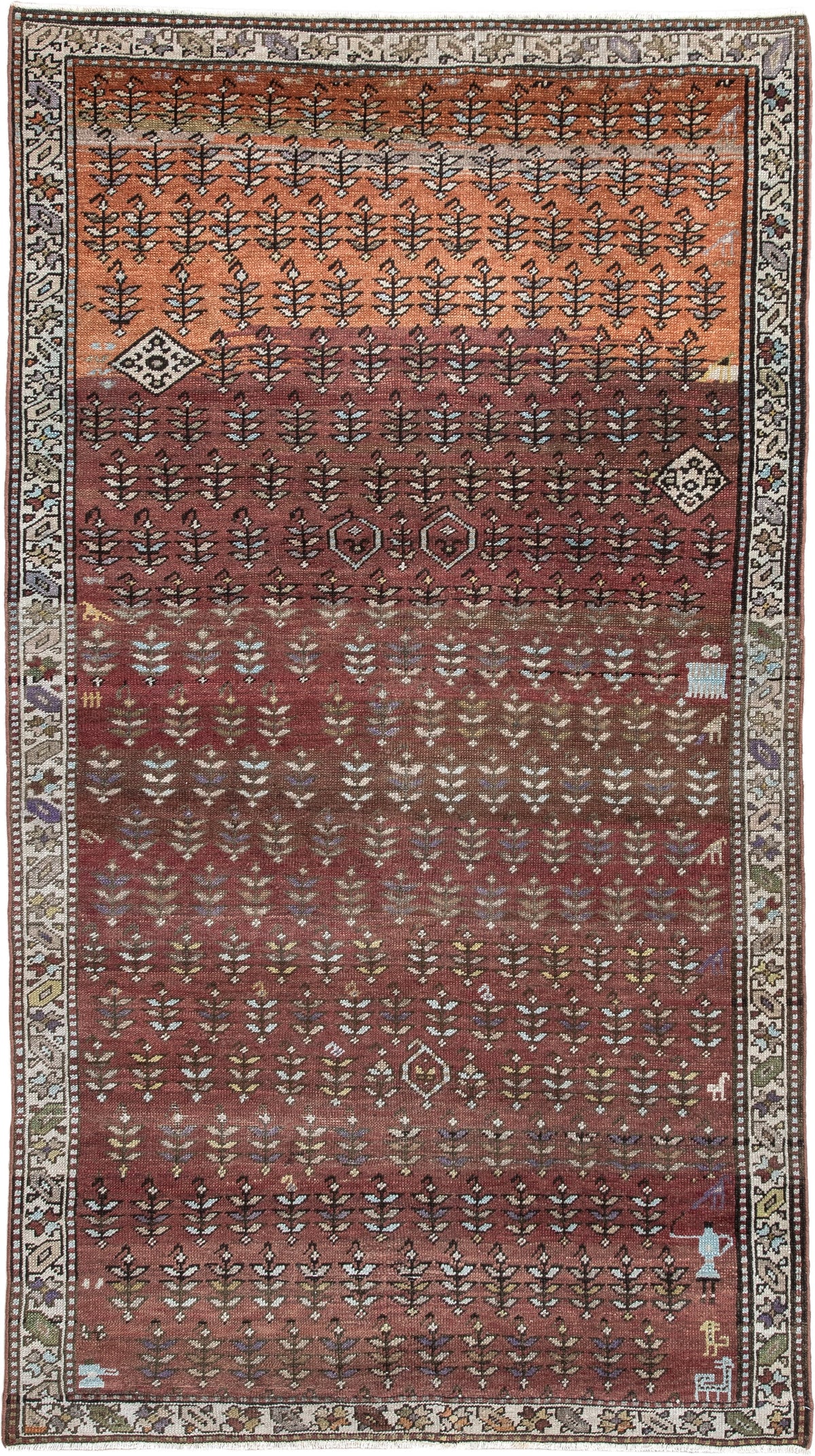 3' x 7' one-of-a-kind handmade antique NW Persian rug. Color palette: rose, terracotta, ivory, burgundy, taupe, olive, sage