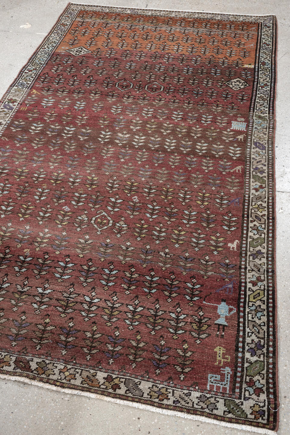 3' x 7' one-of-a-kind handmade antique NW Persian rug. Color palette: rose, terracotta, ivory, burgundy, taupe, olive, sage