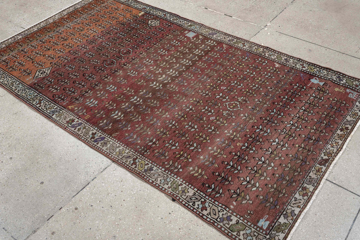 3' x 7' one-of-a-kind handmade antique NW Persian rug. Color palette: rose, terracotta, ivory, burgundy, taupe, olive, sage