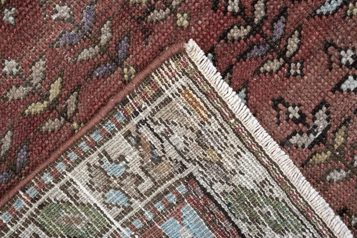 3' x 7' one-of-a-kind handmade antique NW Persian rug. Color palette: rose, terracotta, ivory, burgundy, taupe, olive, sage