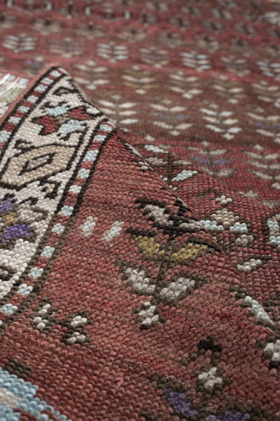 3' x 7' one-of-a-kind handmade antique NW Persian rug. Color palette: rose, terracotta, ivory, burgundy, taupe, olive, sage