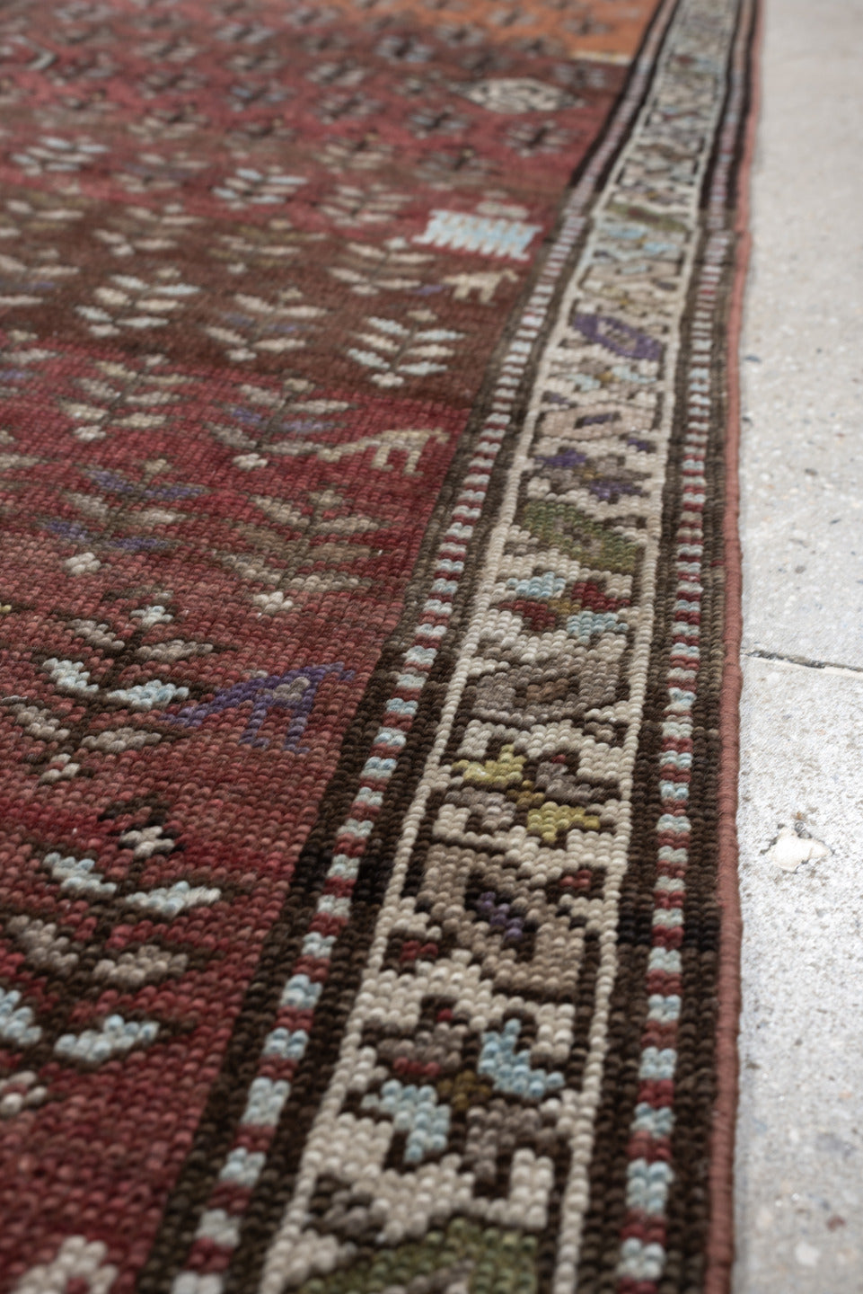 3' x 7' one-of-a-kind handmade antique NW Persian rug. Color palette: rose, terracotta, ivory, burgundy, taupe, olive, sage