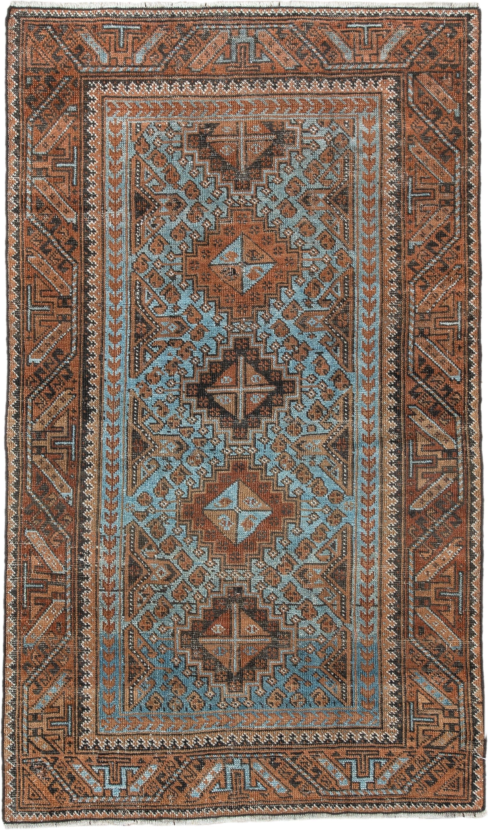 2' x 4' one-of-a-kind handmade antique Belouch small size rug. Color palette: rust, pale blue, camel, dark brown, ivory