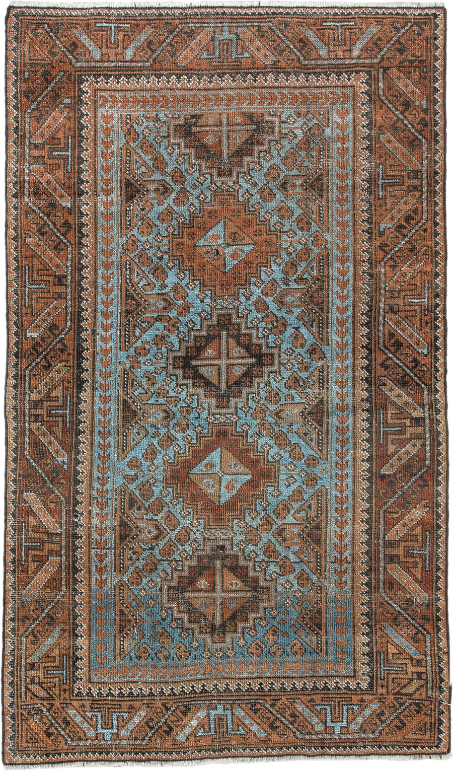 2' x 4' one-of-a-kind handmade antique Belouch small size rug. Color palette: rust, pale blue, camel, dark brown, ivory
