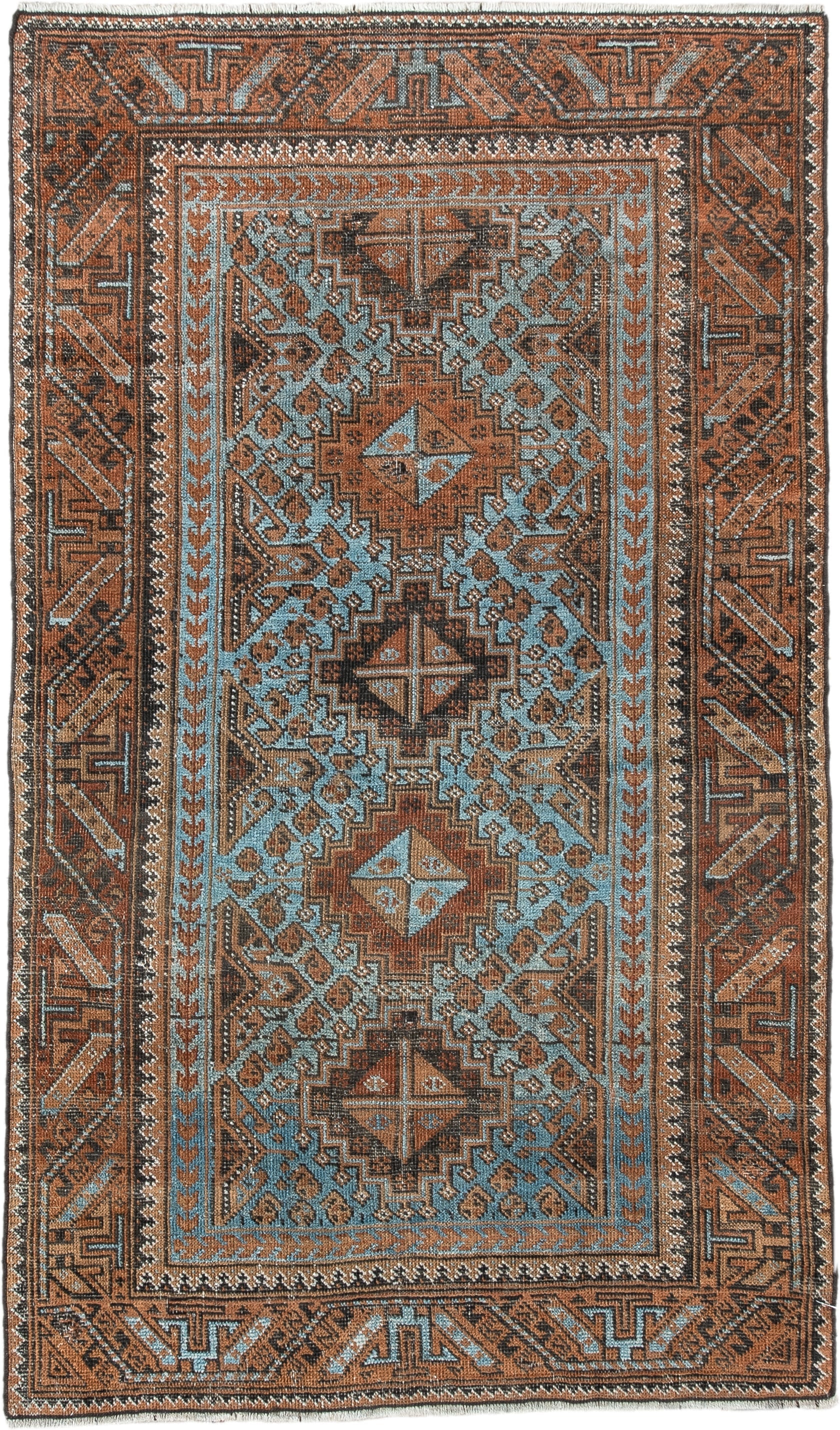 2' x 4' one-of-a-kind handmade antique Belouch small size rug. Color palette: rust, pale blue, camel, dark brown, ivory