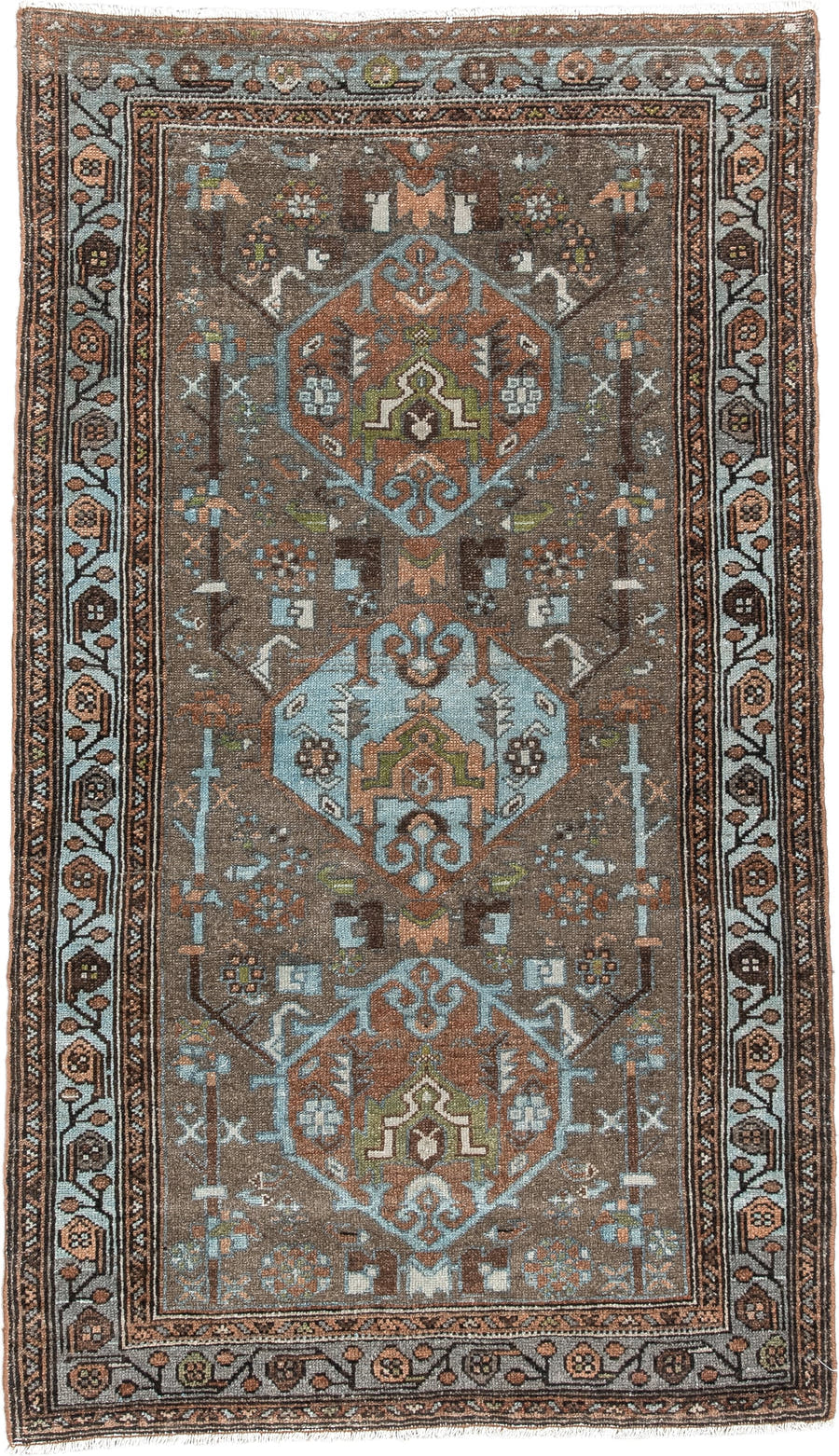 2' x 4' one-of-a-kind handmade vintage Malayer small size rug. Color palette: brown, sky blue, rust, ivory, taupe, olive