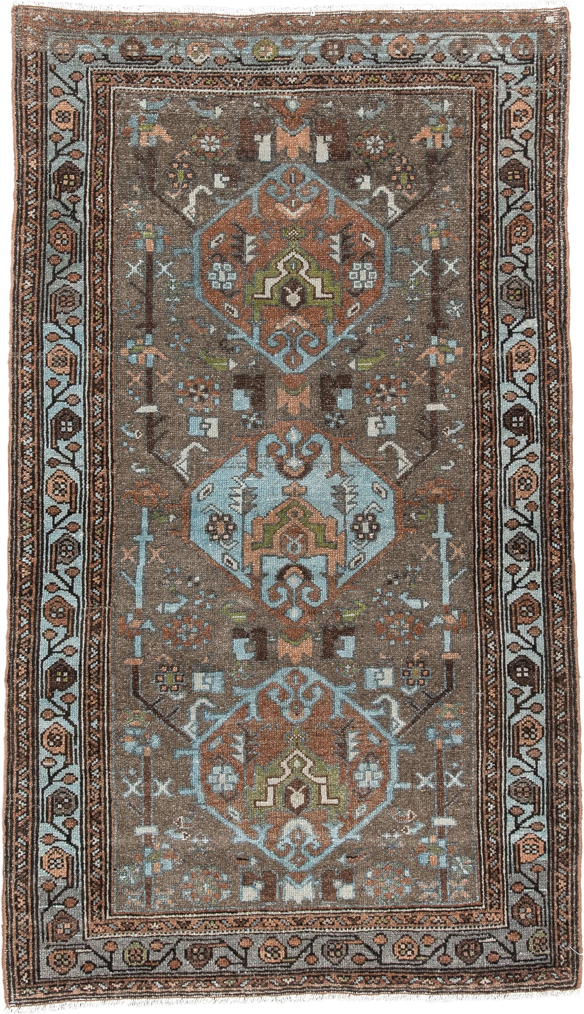 2' x 4' one-of-a-kind handmade vintage Malayer small size rug. Color palette: brown, sky blue, rust, ivory, taupe, olive