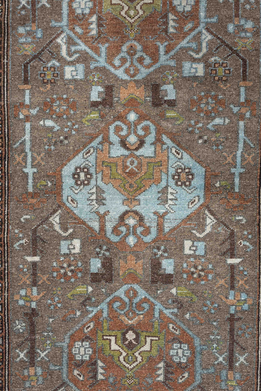 2' x 4' one-of-a-kind handmade vintage Malayer small size rug. Color palette: brown, sky blue, rust, ivory, taupe, olive