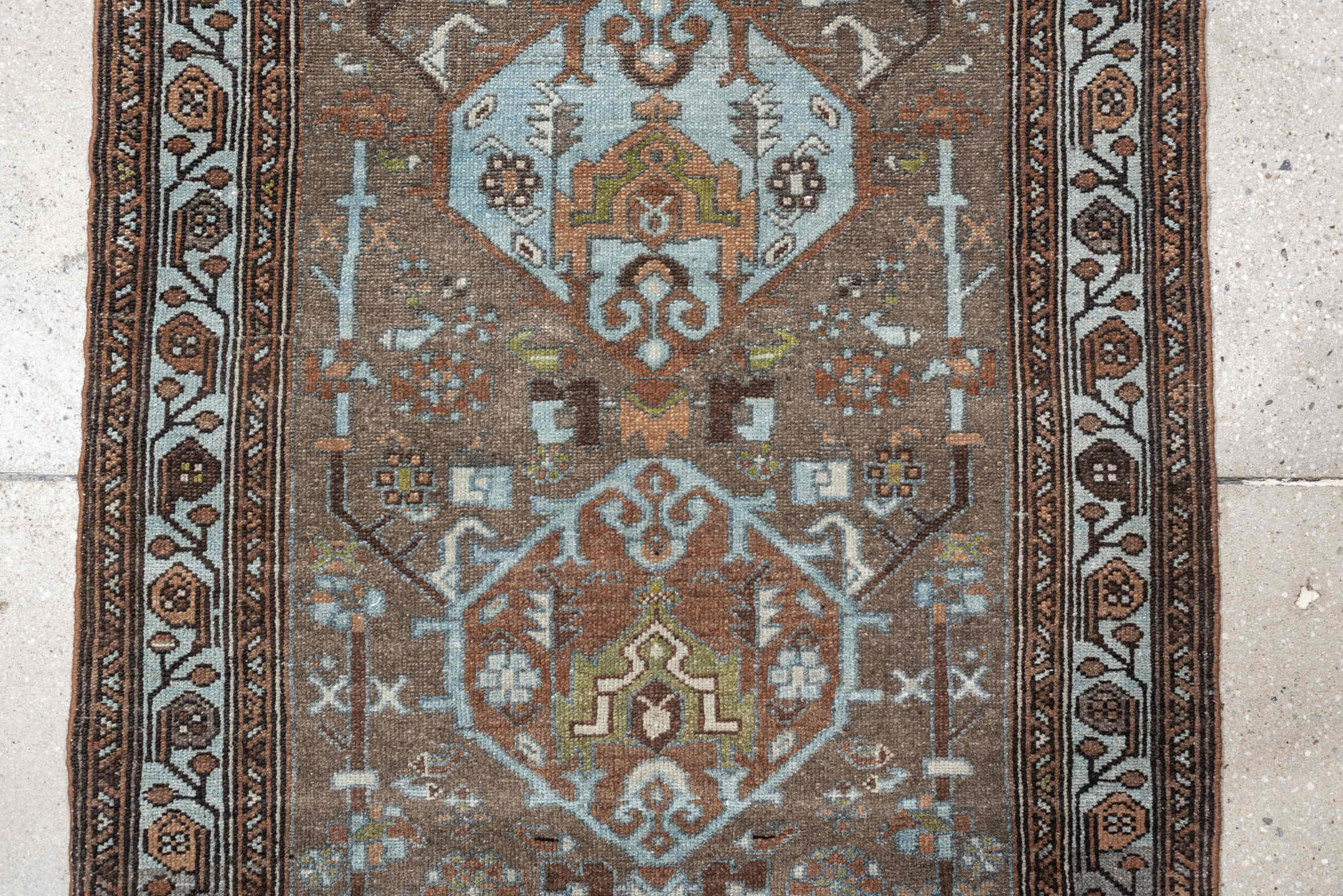 2' x 4' one-of-a-kind handmade vintage Malayer small size rug. Color palette: brown, sky blue, rust, ivory, taupe, olive