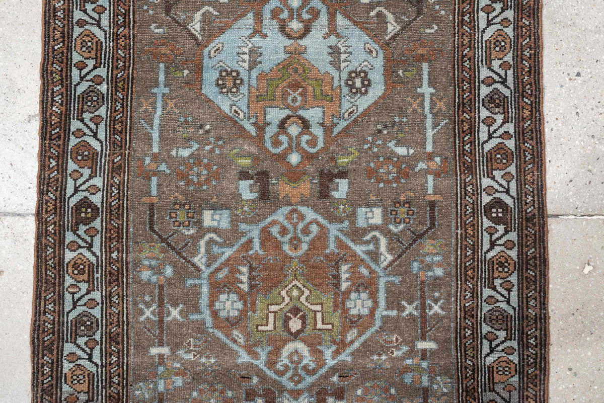 2' x 4' one-of-a-kind handmade vintage Malayer small size rug. Color palette: brown, sky blue, rust, ivory, taupe, olive
