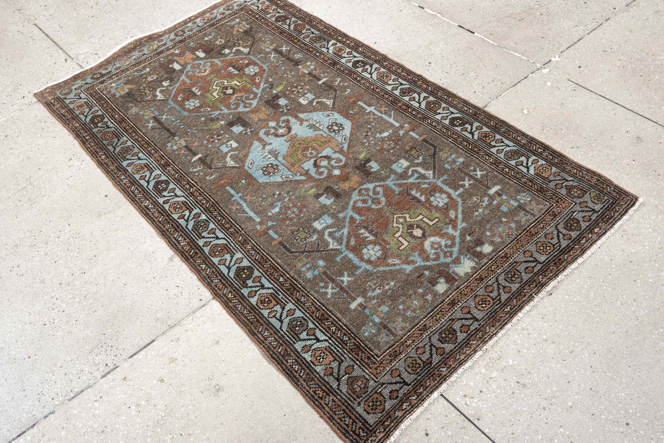 2' x 4' one-of-a-kind handmade vintage Malayer small size rug. Color palette: brown, sky blue, rust, ivory, taupe, olive