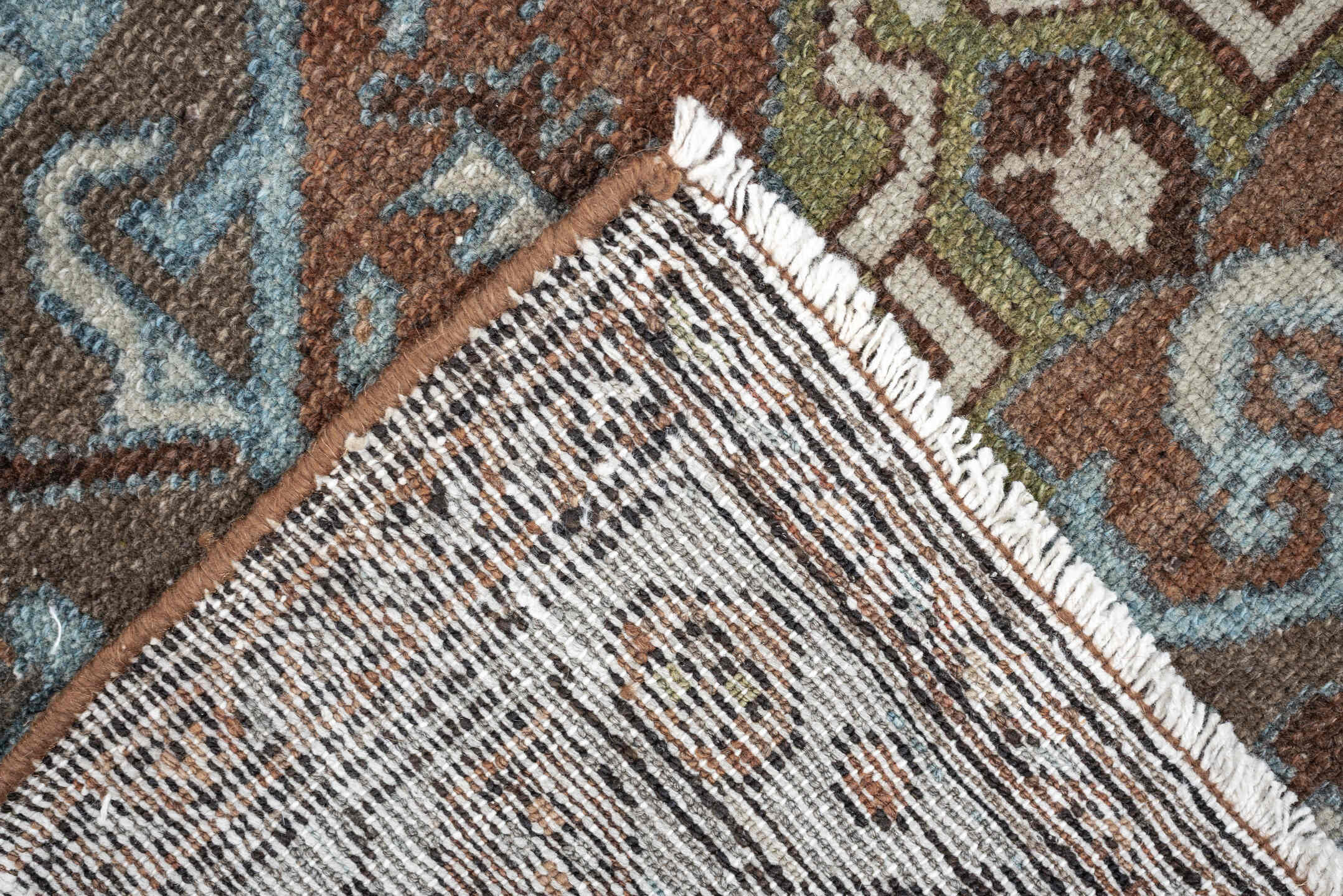 2' x 4' one-of-a-kind handmade vintage Malayer small size rug. Color palette: brown, sky blue, rust, ivory, taupe, olive