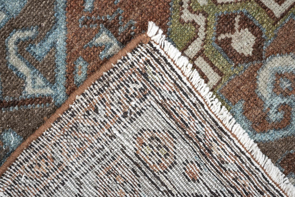 2' x 4' one-of-a-kind handmade vintage Malayer small size rug. Color palette: brown, sky blue, rust, ivory, taupe, olive