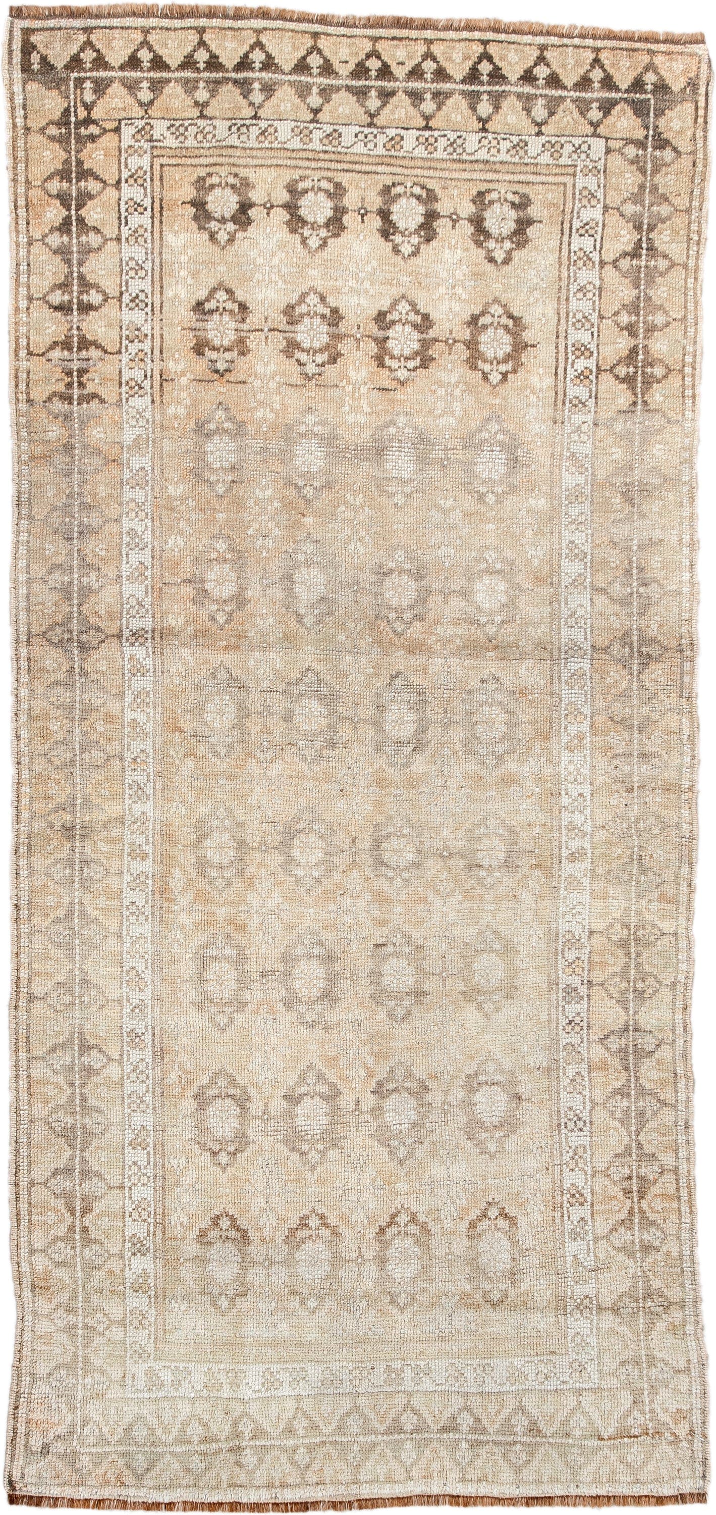 2' x 6' one-of-a-kind handmade antique Caucasian runner rug. Color palette: ivory, beige, taupe, brown, camel, gray
