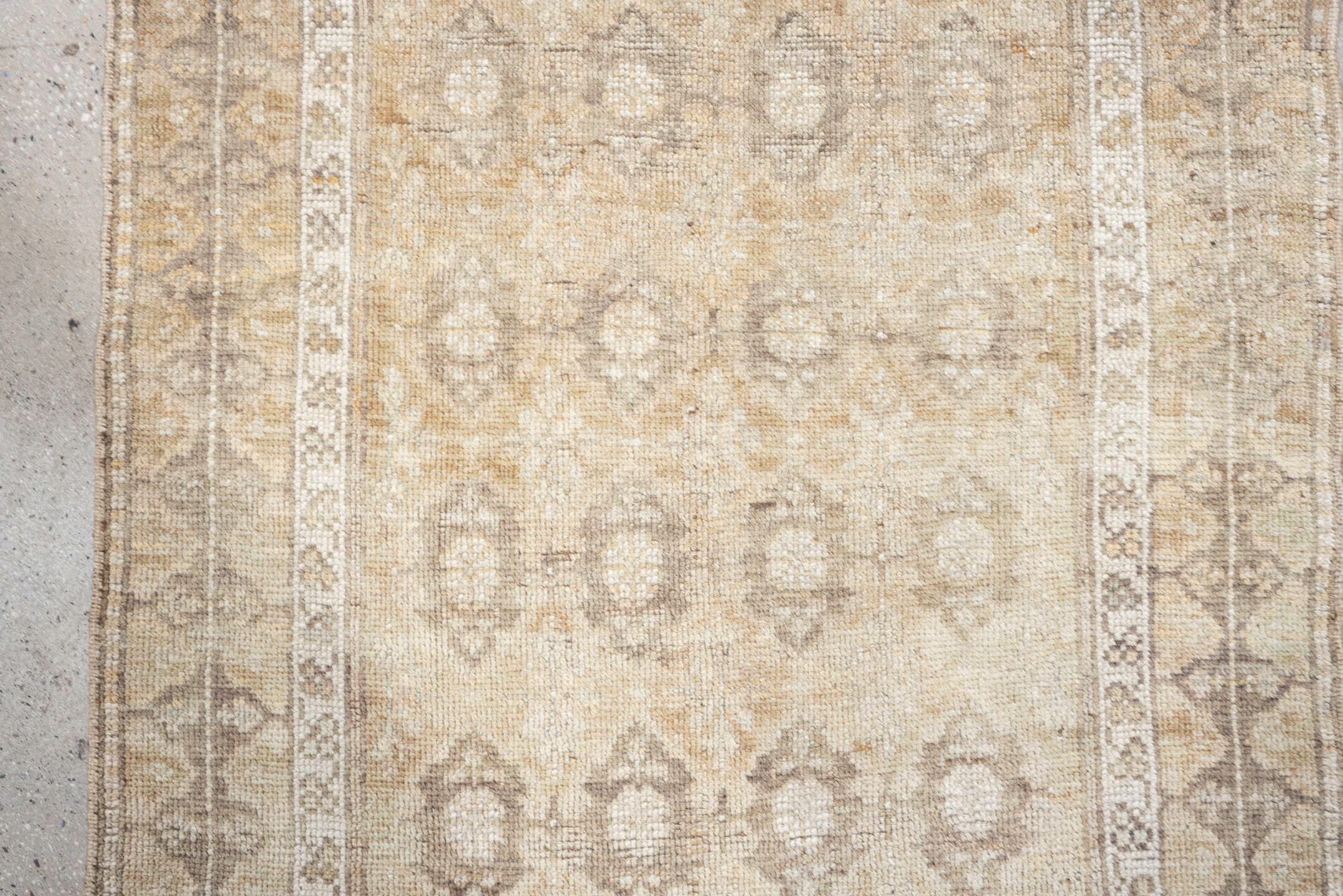 2' x 6' one-of-a-kind handmade antique Caucasian runner rug. Color palette: ivory, beige, taupe, brown, camel, gray