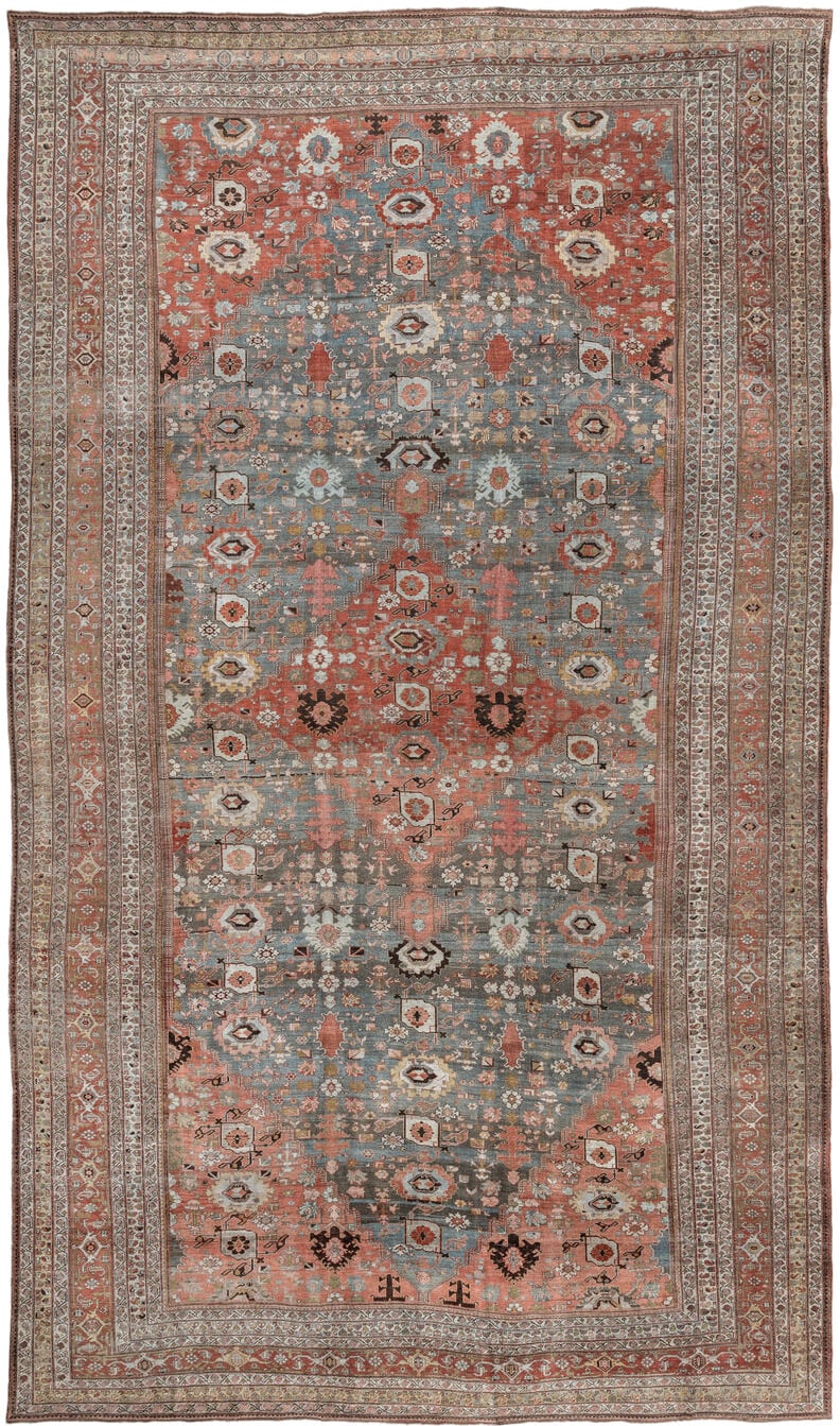 12' x 22' one-of-a-kind handmade antique Bidjar oversize rug. Color palette: terracotta, blue gray, ivory, rust, coral