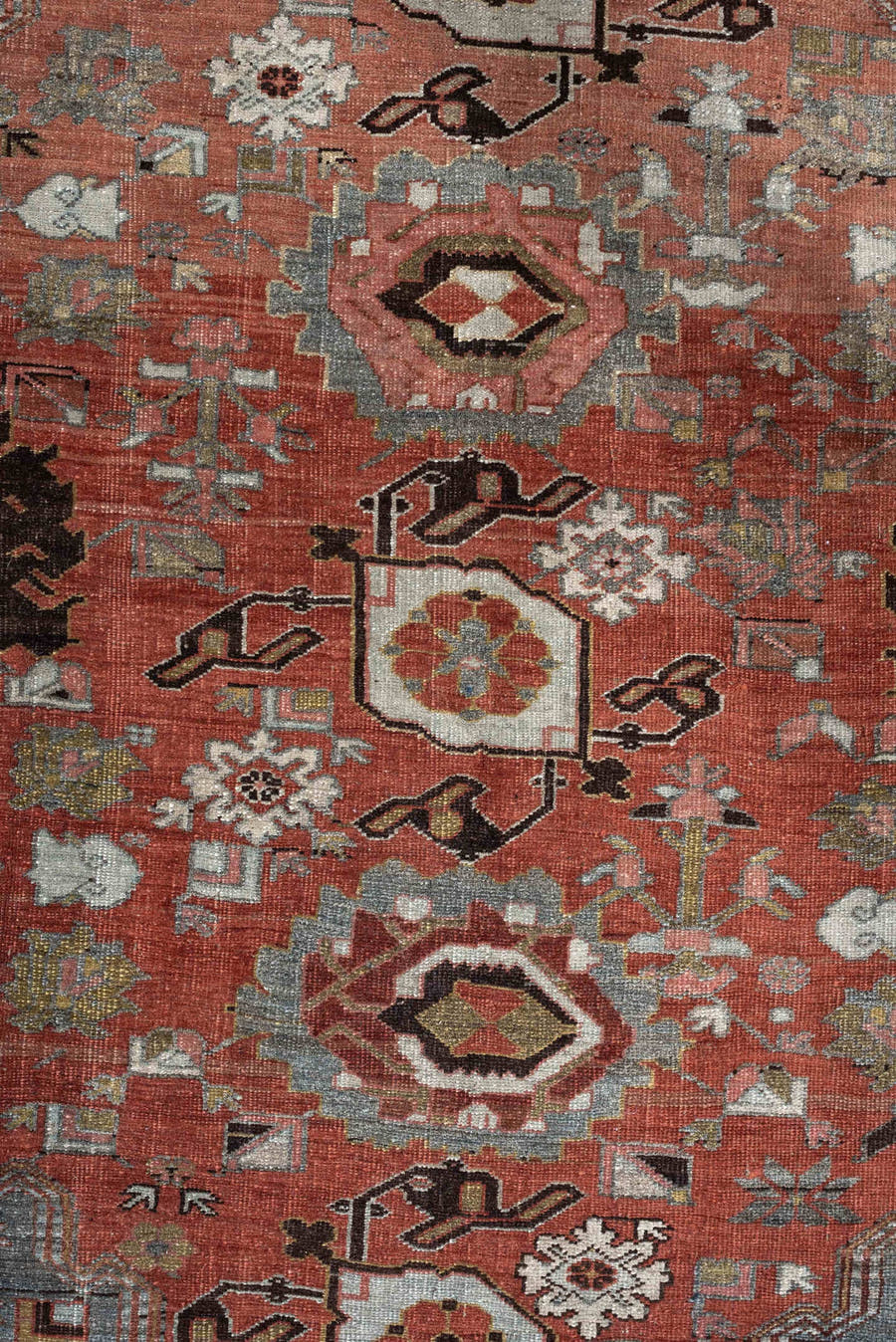 12' x 22' one-of-a-kind handmade antique Bidjar oversize rug. Color palette: terracotta, blue gray, ivory, rust, coral