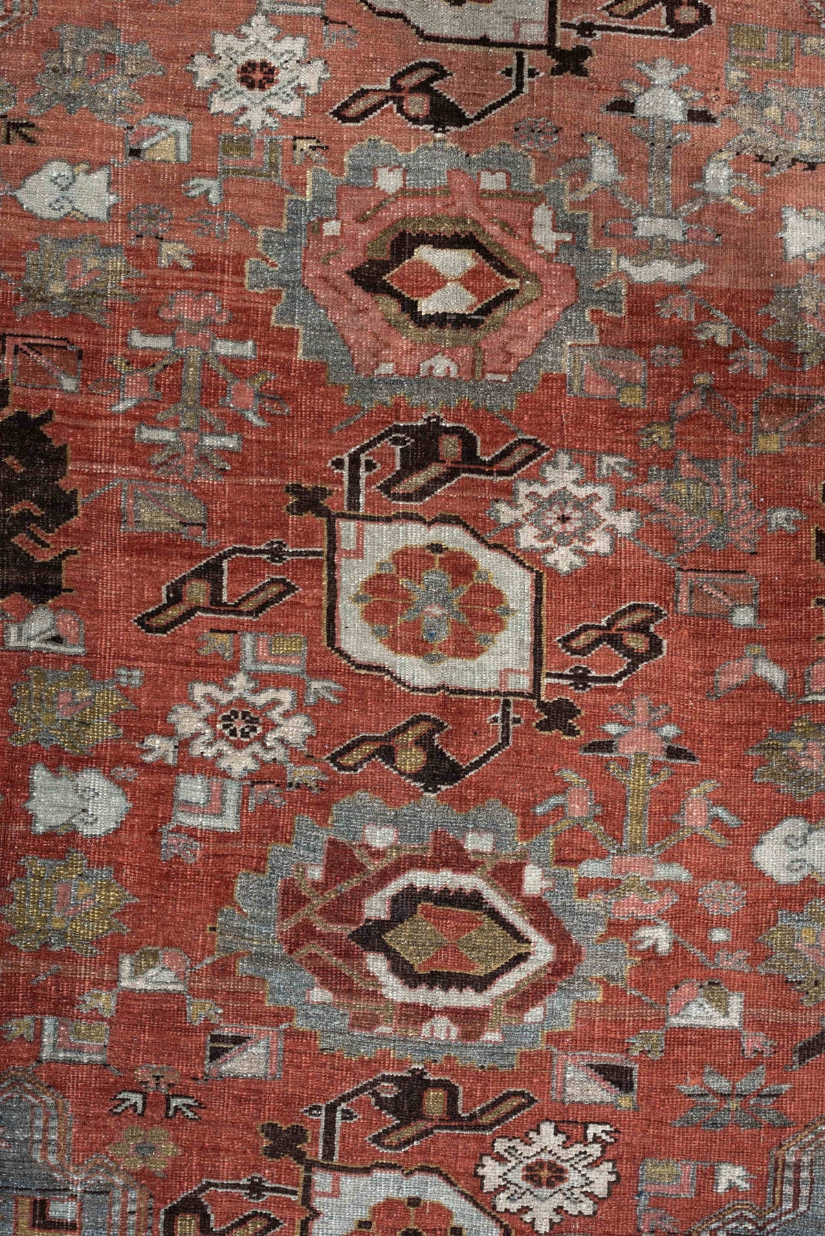 12' x 22' one-of-a-kind handmade antique Bidjar oversize rug. Color palette: terracotta, blue gray, ivory, rust, coral