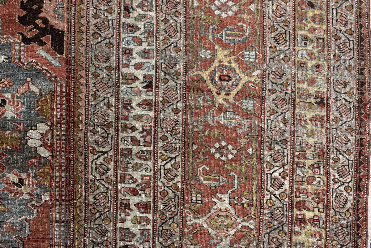 12' x 22' one-of-a-kind handmade antique Bidjar oversize rug. Color palette: terracotta, blue gray, ivory, rust, coral