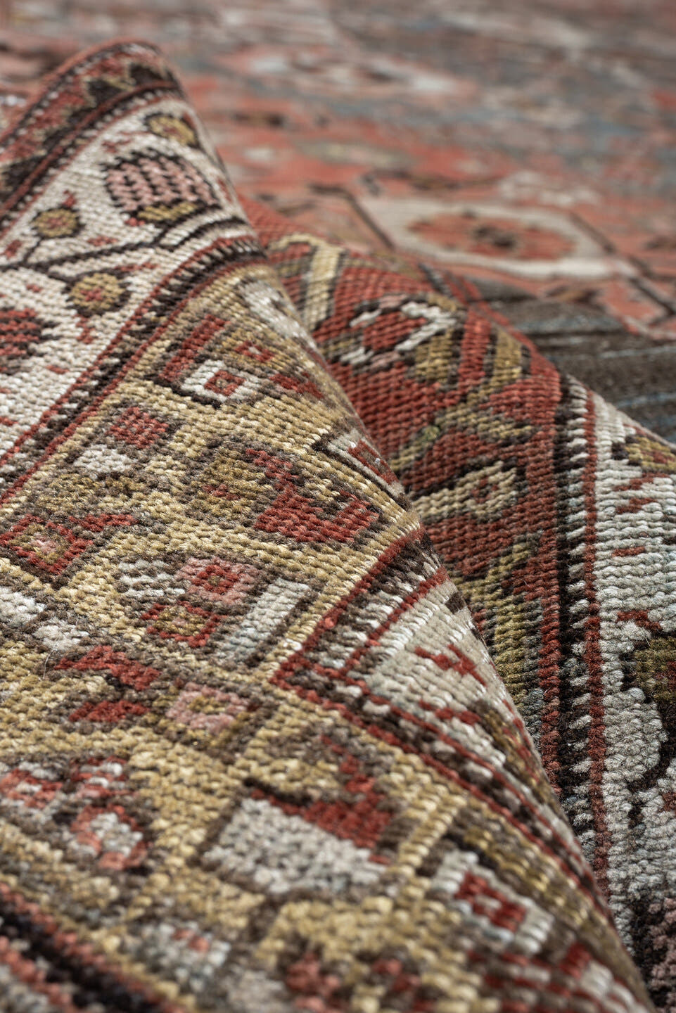 12' x 22' one-of-a-kind handmade antique Bidjar oversize rug. Color palette: terracotta, blue gray, ivory, rust, coral