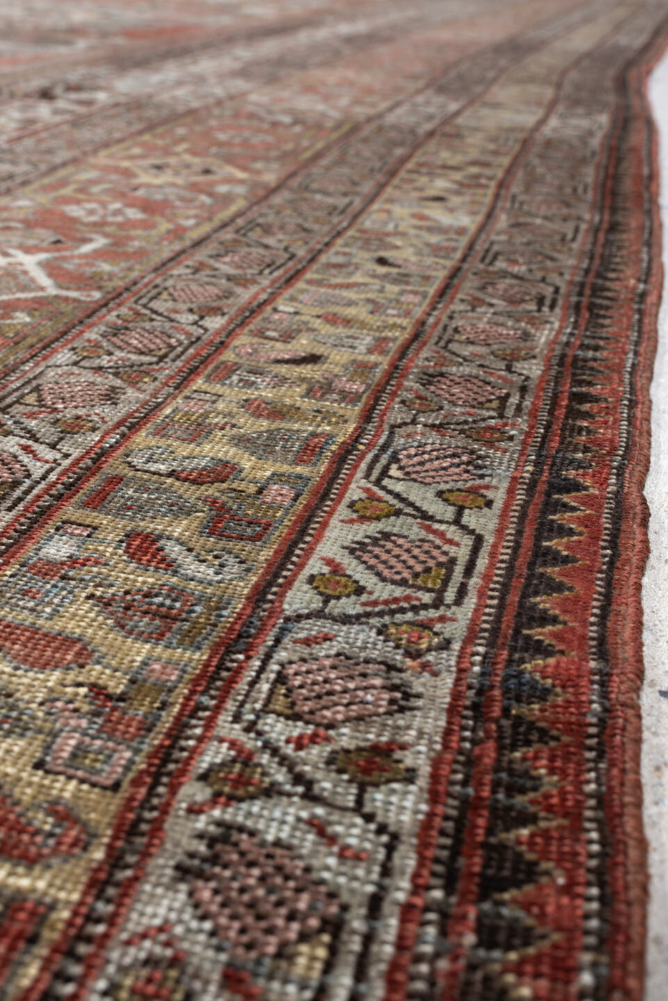 12' x 22' one-of-a-kind handmade antique Bidjar oversize rug. Color palette: terracotta, blue gray, ivory, rust, coral