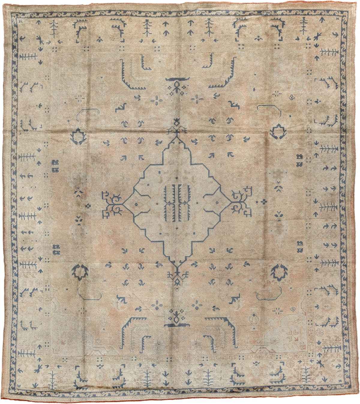10' x 11' one-of-a-kind handmade antique Oushak large size rug. Color palette: camel, ivory, slate blue, taupe, terracotta