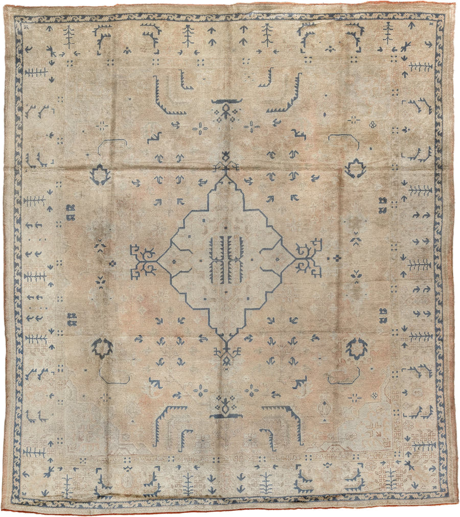 10' x 11' one-of-a-kind handmade antique Oushak large size rug. Color palette: camel, ivory, slate blue, taupe, terracotta