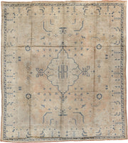 10' x 11' one-of-a-kind handmade antique Oushak large size rug. Color palette: camel, ivory, slate blue, taupe, terracotta