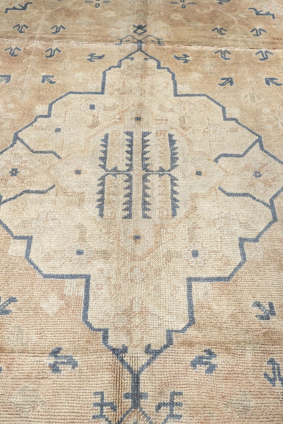 10' x 11' one-of-a-kind handmade antique Oushak large size rug. Color palette: camel, ivory, slate blue, taupe, terracotta