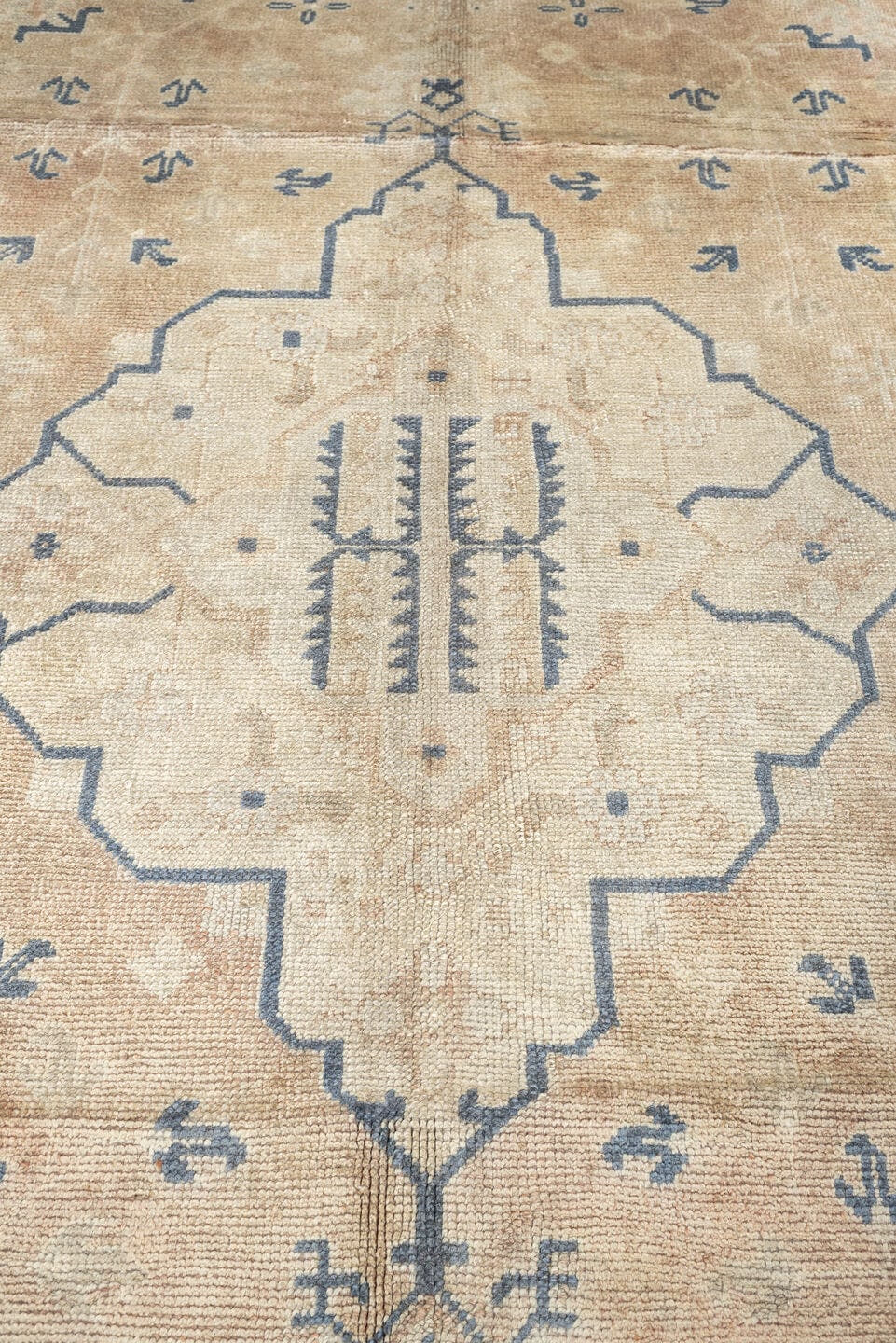 10' x 11' one-of-a-kind handmade antique Oushak large size rug. Color palette: camel, ivory, slate blue, taupe, terracotta