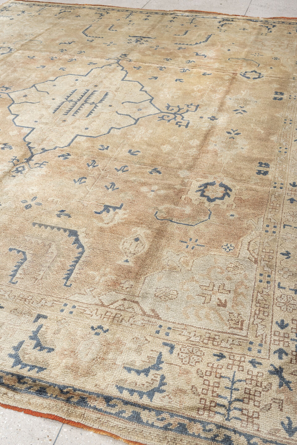 10' x 11' one-of-a-kind handmade antique Oushak large size rug. Color palette: camel, ivory, slate blue, taupe, terracotta