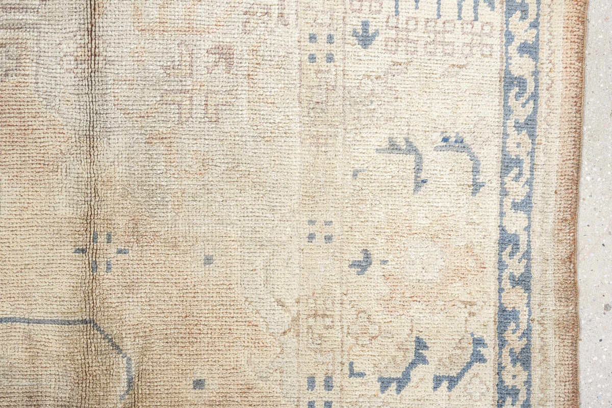 10' x 11' one-of-a-kind handmade antique Oushak large size rug. Color palette: camel, ivory, slate blue, taupe, terracotta