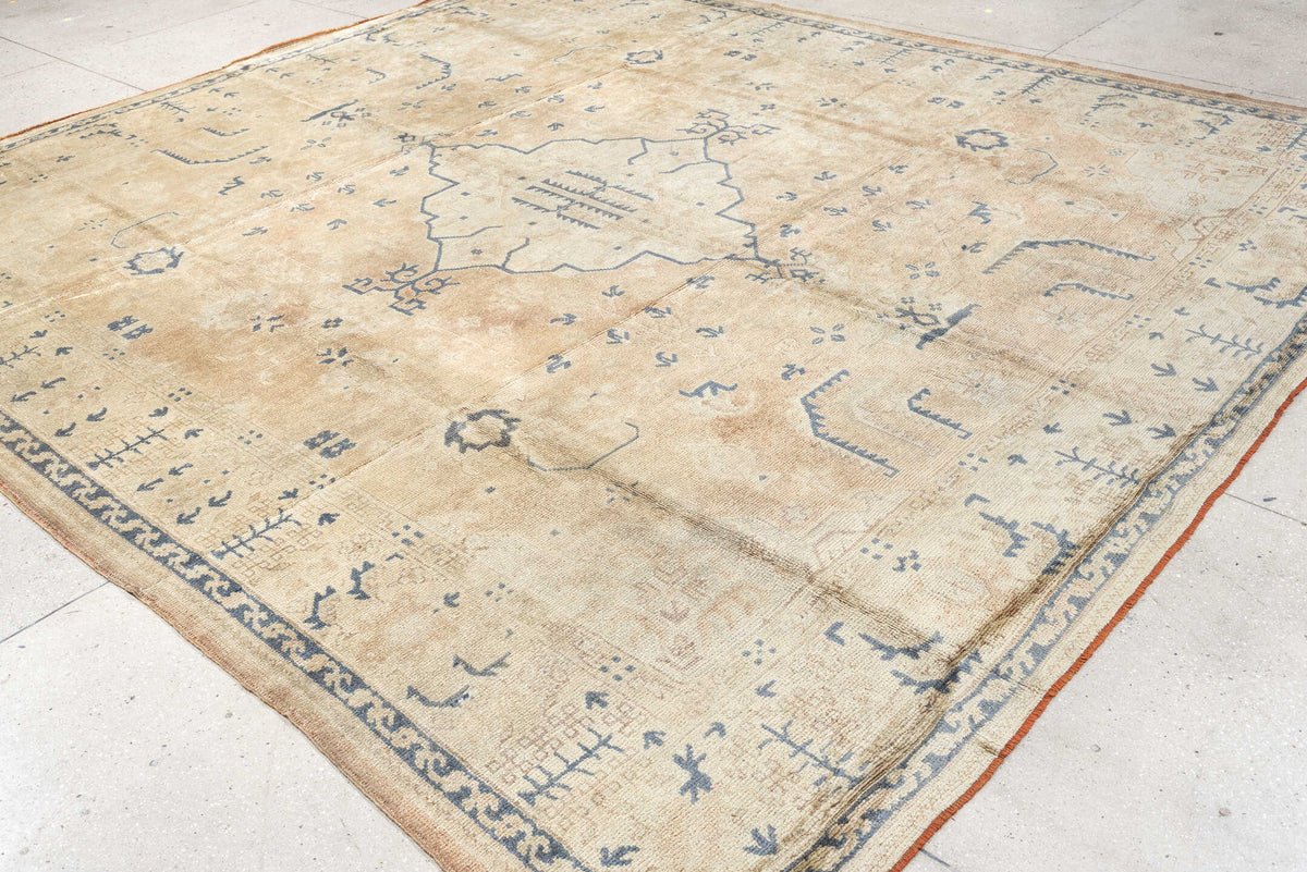 10' x 11' one-of-a-kind handmade antique Oushak large size rug. Color palette: camel, ivory, slate blue, taupe, terracotta