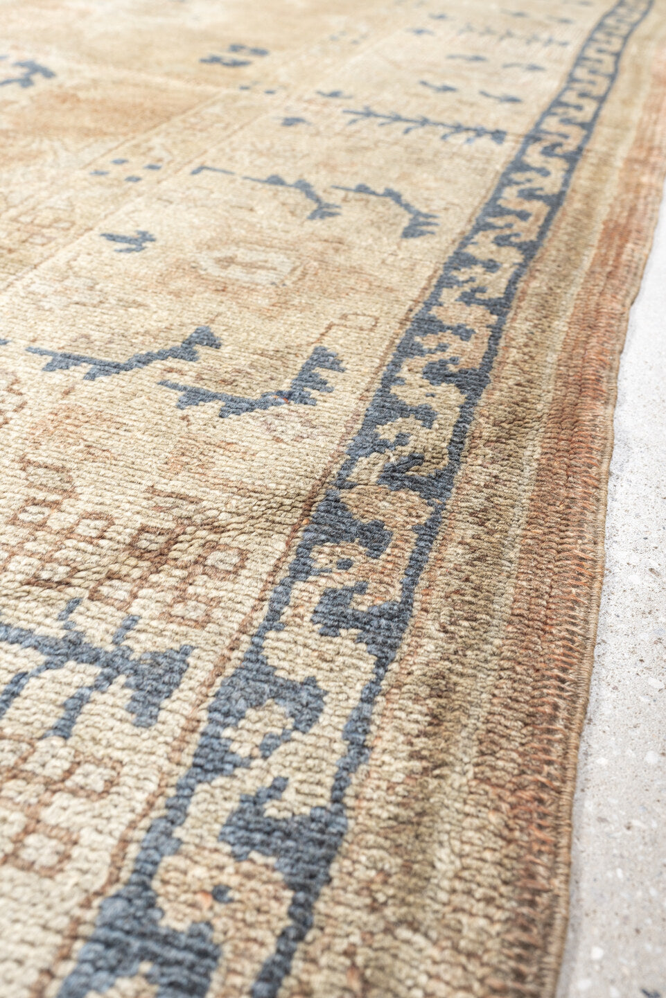10' x 11' one-of-a-kind handmade antique Oushak large size rug. Color palette: camel, ivory, slate blue, taupe, terracotta