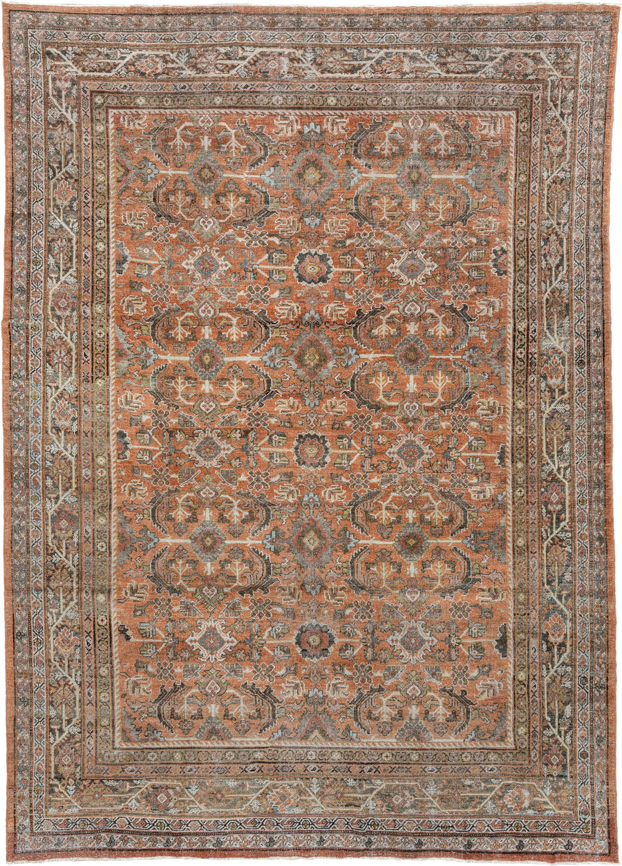8' x 12' one-of-a-kind handmade antique Mahal large size rug. Color palette: terracotta, ivory, slate blue, charcoal, sage