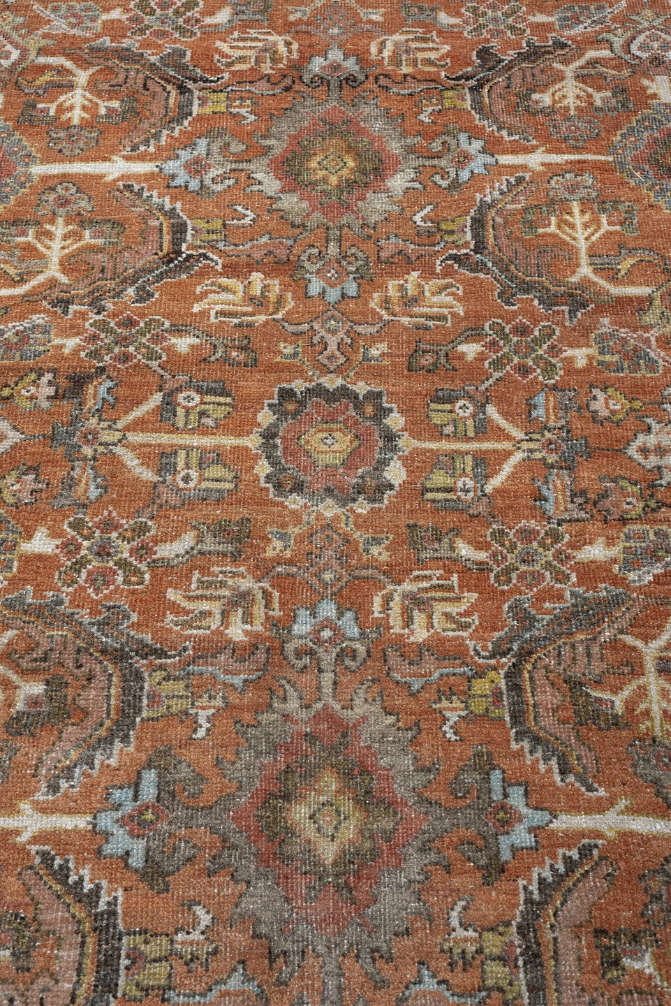 8' x 12' one-of-a-kind handmade antique Mahal large size rug. Color palette: terracotta, ivory, slate blue, charcoal, sage