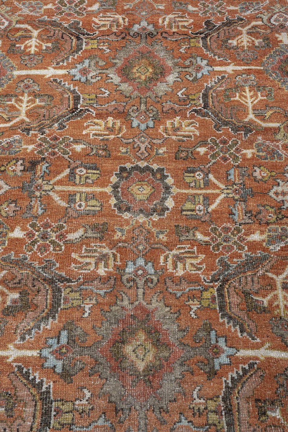 8' x 12' one-of-a-kind handmade antique Mahal large size rug. Color palette: terracotta, ivory, slate blue, charcoal, sage