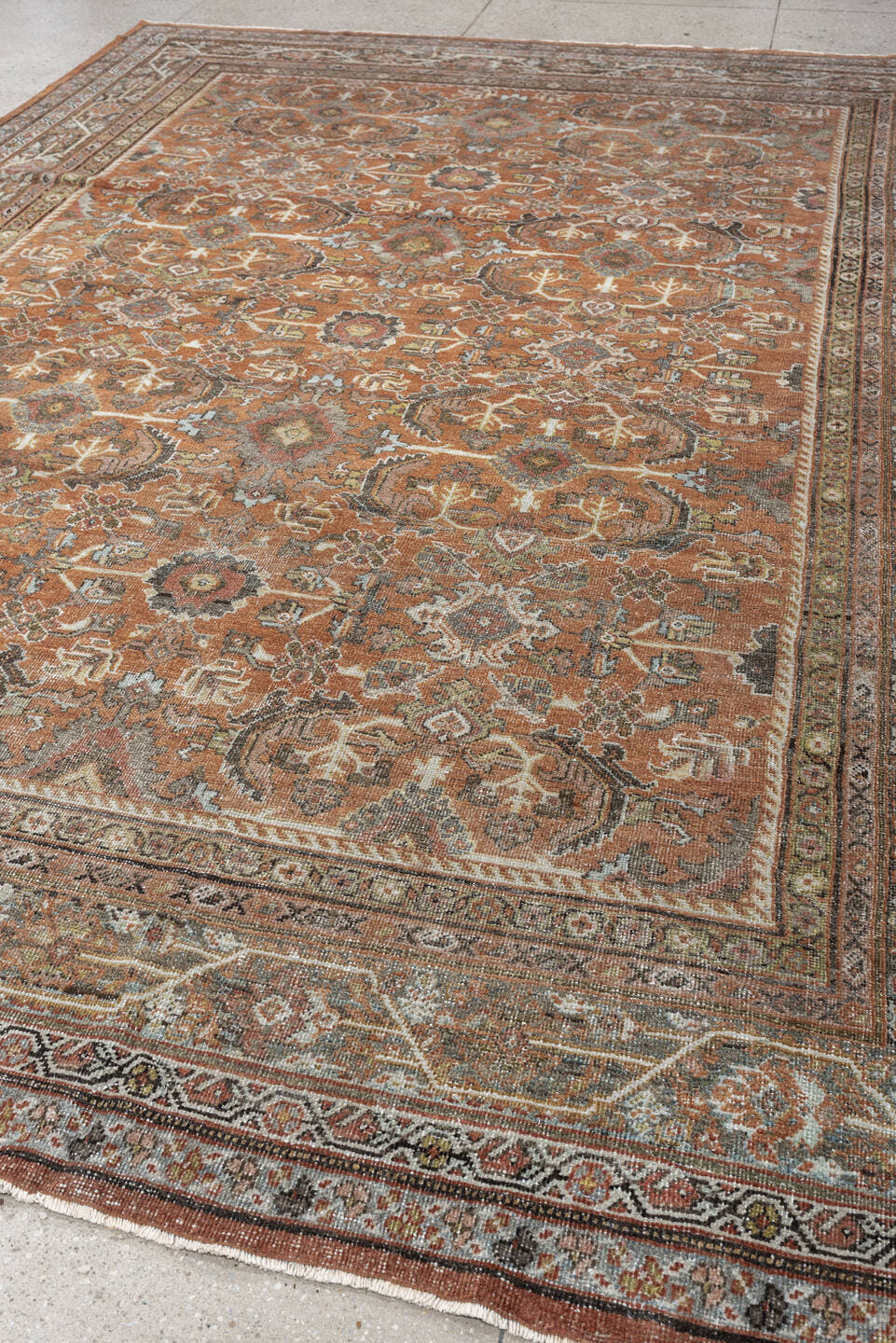 8' x 12' one-of-a-kind handmade antique Mahal large size rug. Color palette: terracotta, ivory, slate blue, charcoal, sage